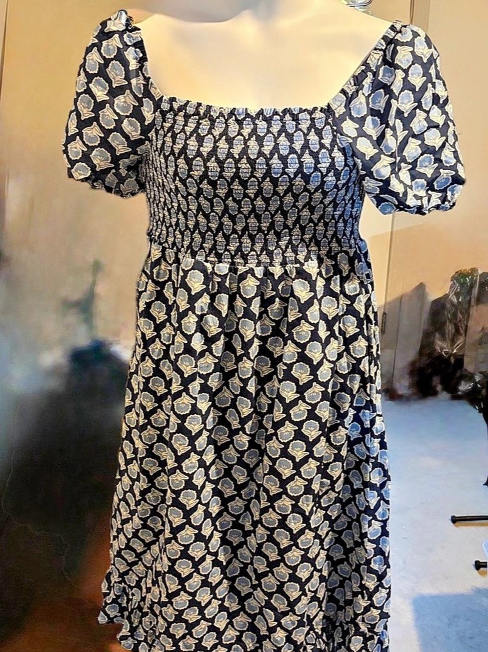 J.Crew Smocked midi dress in midnight-blue floral Medium